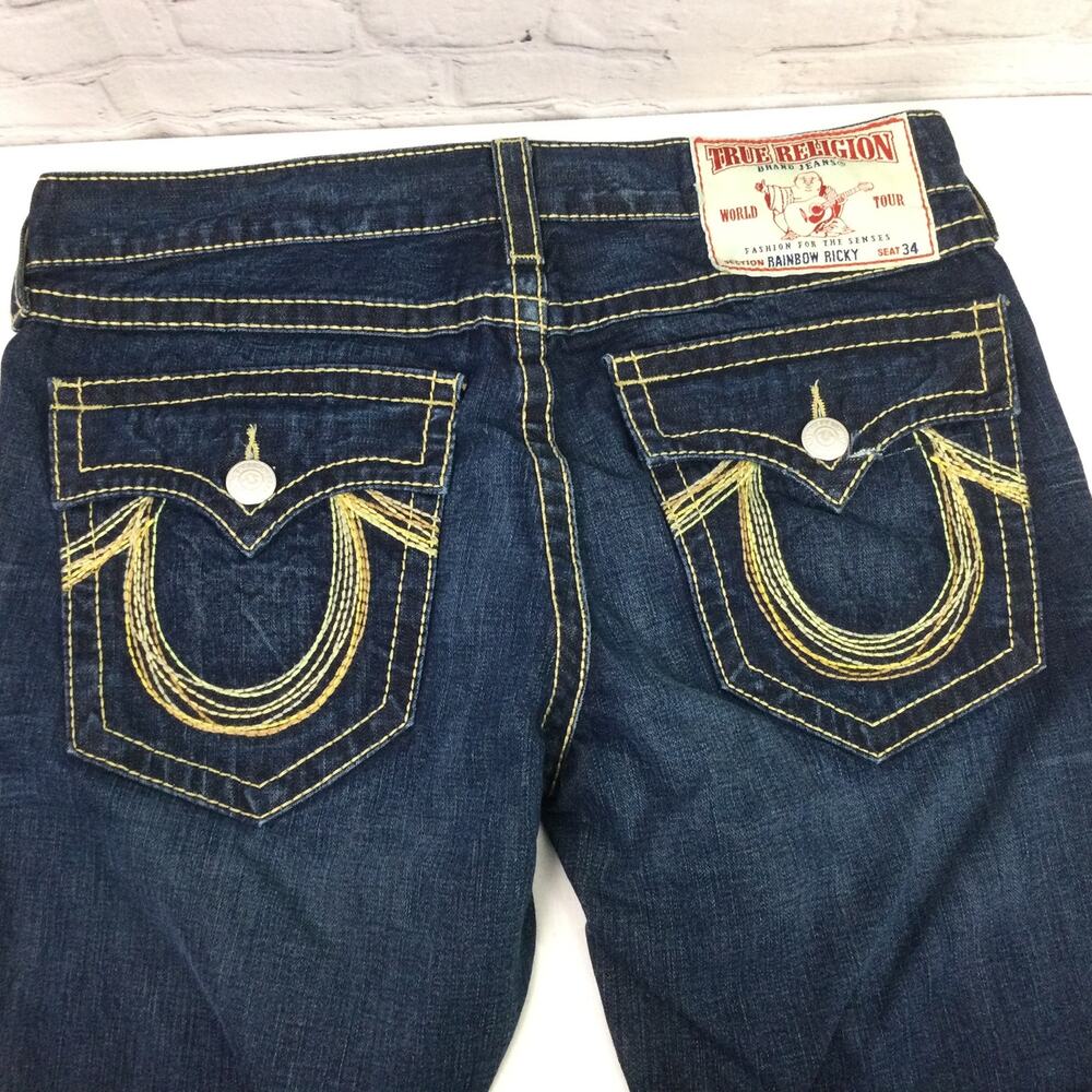 True Religion Rainbow Ricky Men's Dark Wash Straight Leg Flap Pockets Jeans 36 - Picture 5 of 14